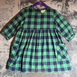Hanna Anderson Green & Blue Plaid Flannel Pocket Dress Pleated Upper Button Up B